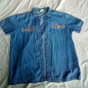 VintBobbie Brooks Blue Jean Embroidered Short Sleeve Button Shirt Size XXL